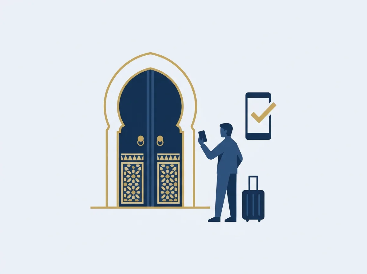 Voyageur effectuant son check-in digital sur smartphone devant un riad marocain